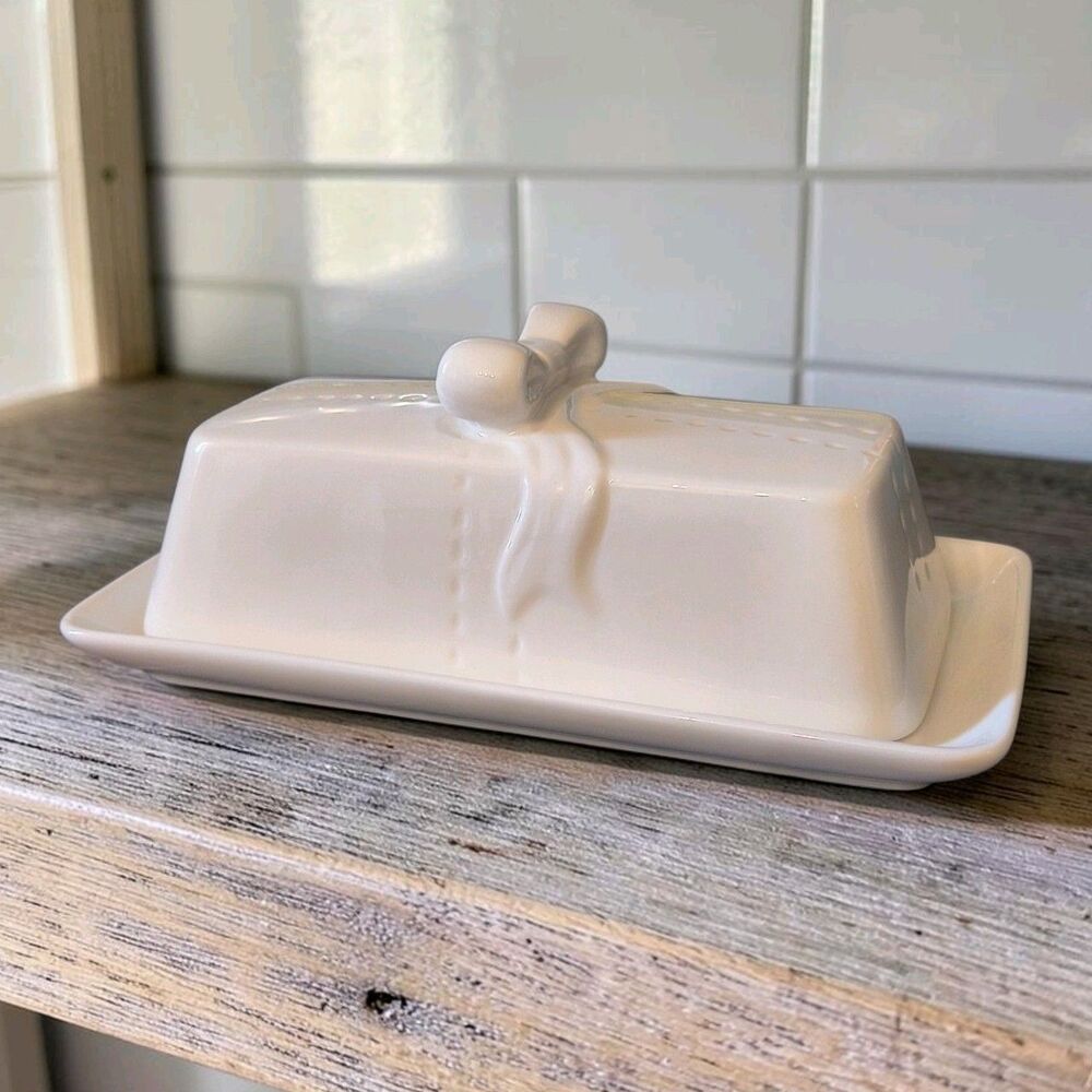 10 Strawberry Street White Butter Dish Bow Handle Farmhouse Country Cottage